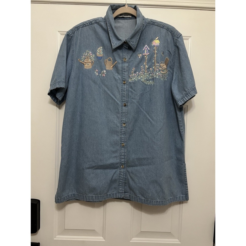 PASSION Denim Shirt Womens 2XL‎ Embroidered L Floral Pink Grandma Cottage Core